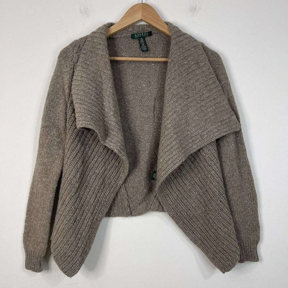 Lauren Ralph Lauren Wool Alpaca Blend Cardigan Size XS Brown Drape Front - Picture 8 of 10